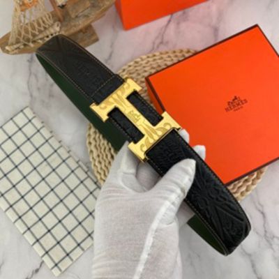 1:1  Hermes  Black Leather Belt  with Gold "H" buckle  Buckle with Vein 3.8cm